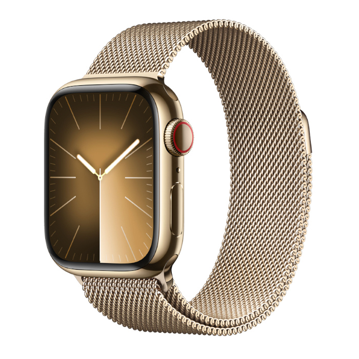 Часы Apple Watch Series 9 GPS + Cellular 41 мм, корпус нержавеющая сталь золото, миланский сетчатый браслет золотой