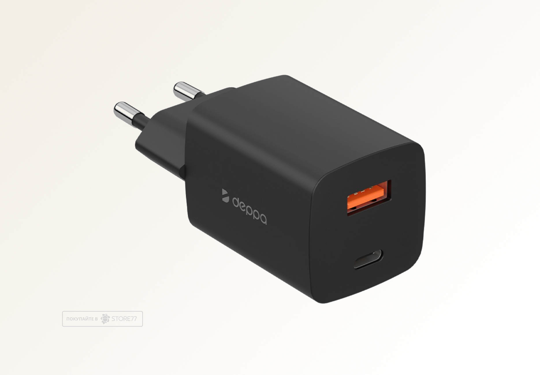 Сетевое зарядное устройство Deppa GaN USB-C + USB A, PD 3.0, QC 3.0, 45W (Черное)